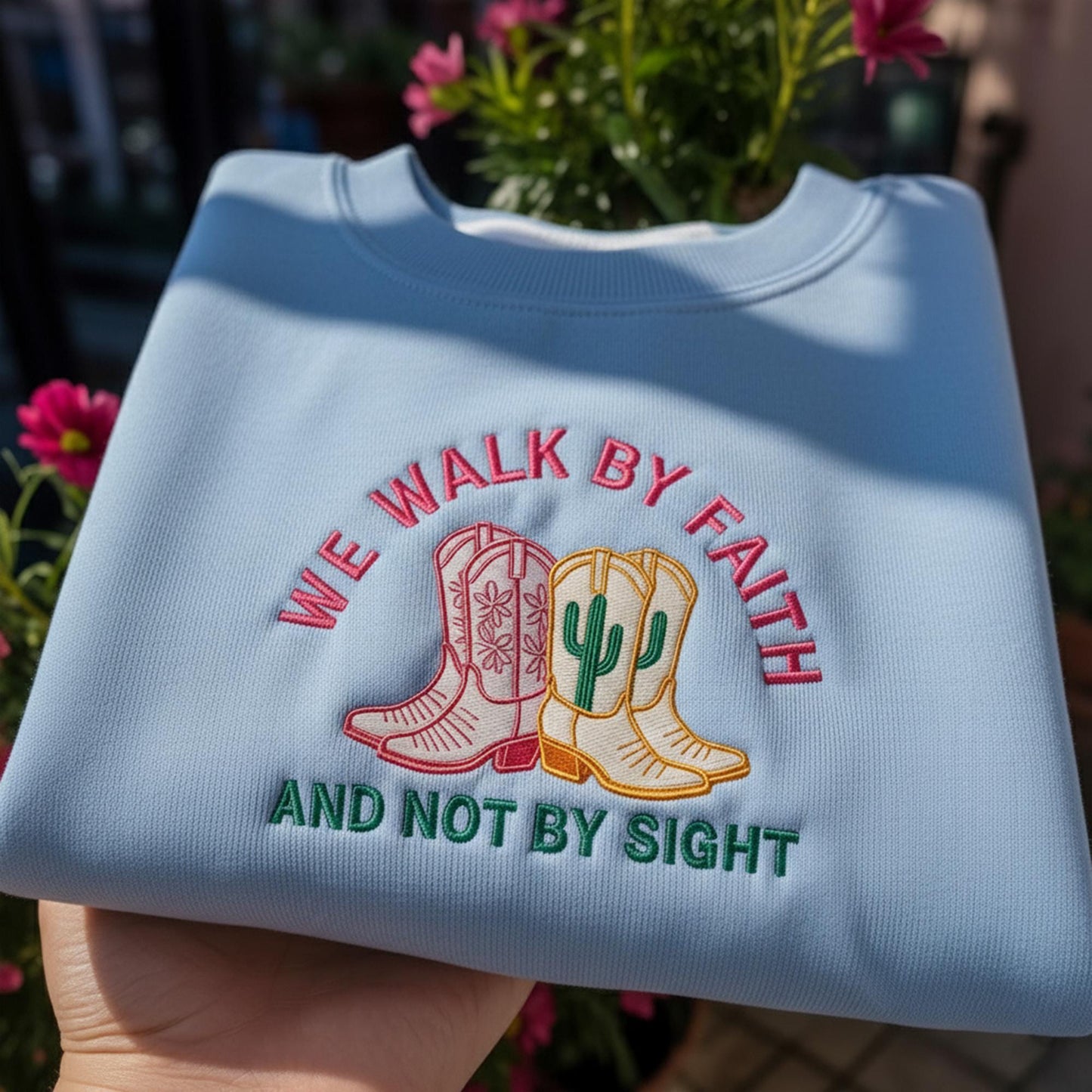 We Walk By Faith Cowboy Boots Embroidered Sweatshirt, Christian Western Crewneck, Aesthetic Religious Bible Verse Gift, Faith Based Pullover