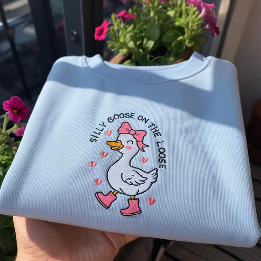 Silly Goose On The Loose Embroidered Sweatshirt, Cute Goose In Pink Boots Crewneck, Heart Bird Lover Gift, Aesthetic Animal Pullover Shirt