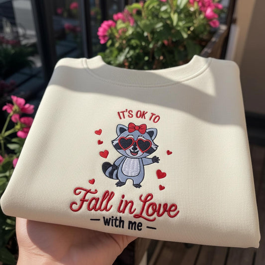 It's OK To Fall In Love With Me Embroidered Sweatshirt, Funny Raccoon Valentine Crewneck, Sarcastic Animal Lover Gift, Heart Glasses Raccoon