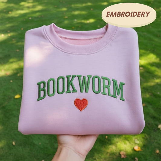 Bookworm Embroidered Shirt, Aesthetic Bookish Sweatshirt, Librarian Gift, Cute Reading Hobby Crewneck, Book Lover Apparel