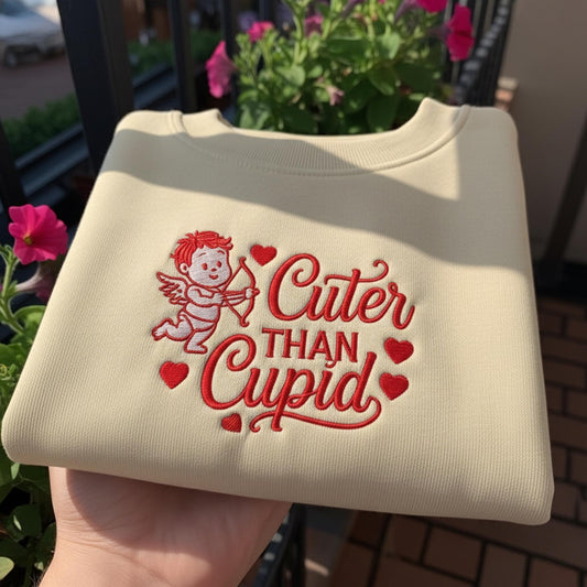 Cuter Than Cupid Embroidered Sweatshirt, Funny Valentine Kids Crewneck, Aesthetic Baby Valentine Gift, Retro Heart Cupid Pullover Shirt