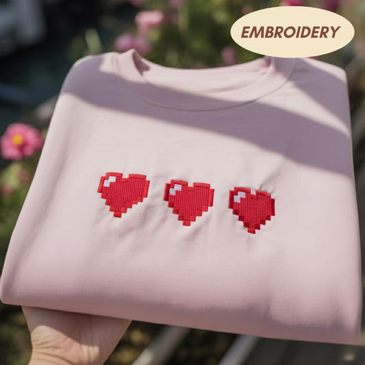 8-Bit Hearts Embroidered Shirt, Aesthetic Gamer Valentine Sweatshirt, Vintage Gaming Heart Crewneck, Cute Tech Lover Gift Top