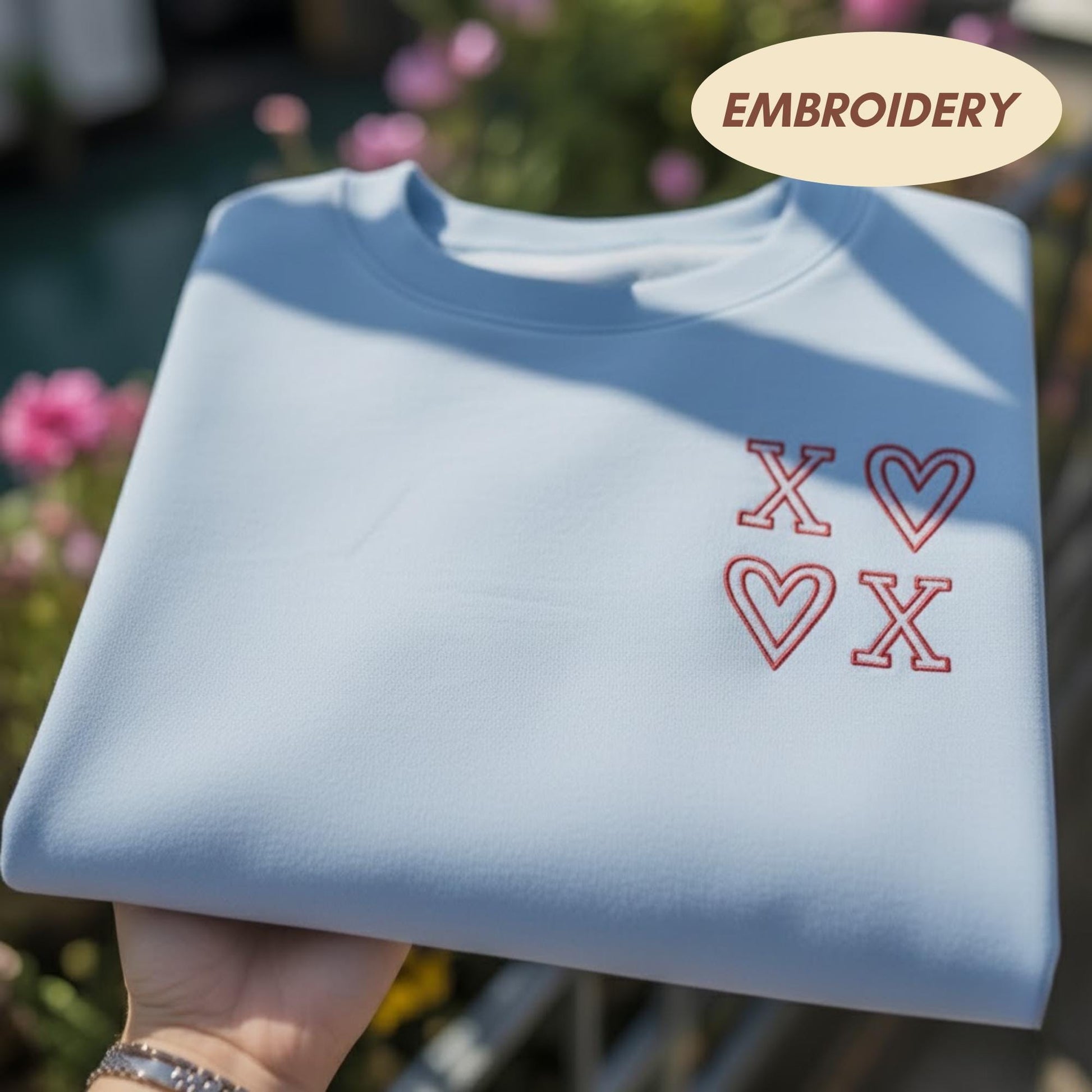 XOXO Heart Embroidered Sweatshirt, Minimalist Valentine Couple Crewneck, Hugs and Kisses Shirt, Aesthetic Love Gift, Dainty Heart Sweater