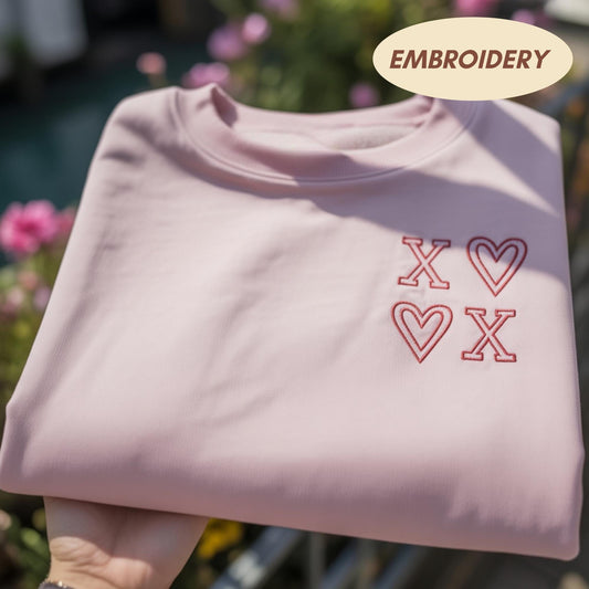 XOXO Heart Embroidered Sweatshirt, Minimalist Valentine Couple Crewneck, Hugs and Kisses Shirt, Aesthetic Love Gift, Dainty Heart Sweater