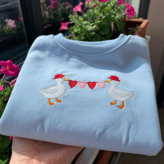 Valentine Geese Heart Garland Embroidered Sweatshirt, Cute Couple Goose Love Crewneck, Aesthetic Bird Lover Gift, Matching Valentines Shirt