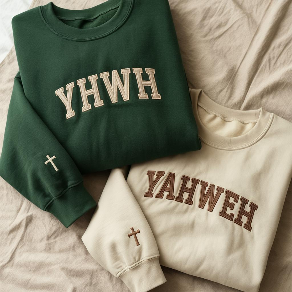 YHWH Yahweh Embroidered Sweatshirt, Hebrew Name of God Christian Crewneck, Bible Scripture Faith Jumper, Cross Sleeve Gift