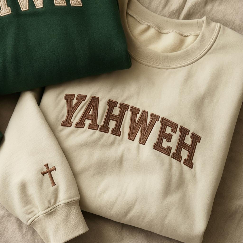 YHWH Yahweh Embroidered Sweatshirt, Hebrew Name of God Christian Crewneck, Bible Scripture Faith Jumper, Cross Sleeve Gift