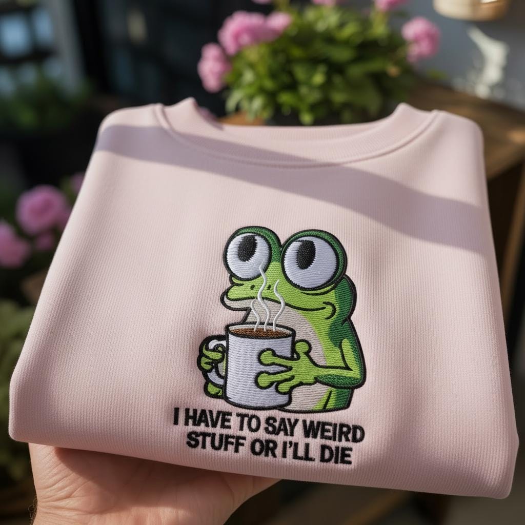 Embroidered I Have to Say Weird Stuff Or I'll Die Frog Drinking Coffee T-Shirt, Weird Friend Gift, Sarcastic Humor Sweatshirt