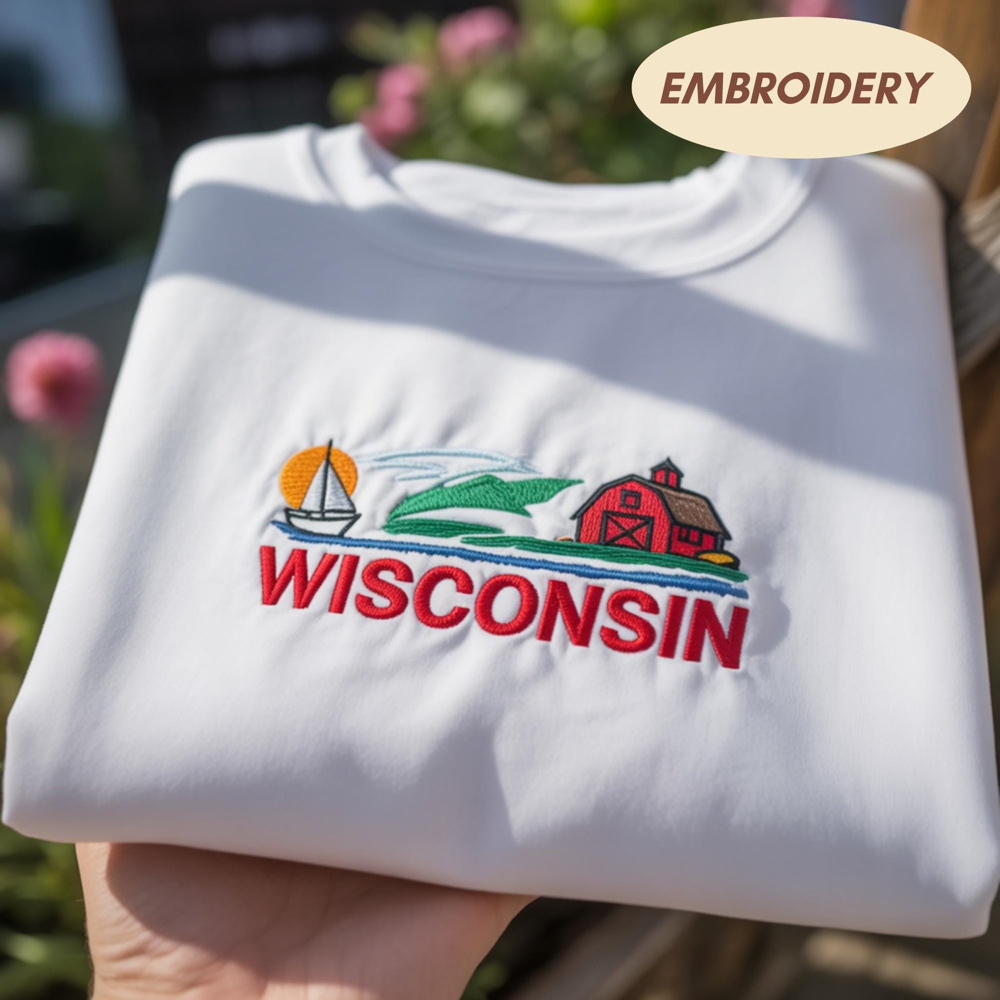 Wisconsin Embroidered Sweatshirt, Scenic Landscape Travel Gift, Local Pride Crewneck for WI Lover, Badger State Vacation Sweater
