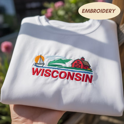 Wisconsin Embroidered Sweatshirt, Scenic Landscape Travel Gift, Local Pride Crewneck for WI Lover, Badger State Vacation Sweater