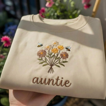 Auntie Floral Bee Embroidered Sweatshirt, Floral Bee Crewneck, Best Aunt Ever Gift, Wildflower Auntie Sweater, New Aunt Gift Idea