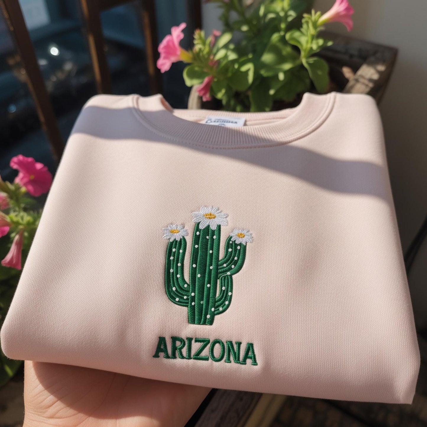 Arizona State Flower Embroidered Sweatshirt, Saguaro Cactus Floral Crewneck, Aesthetic Arizona Pride Gift, Minimalist Desert Nature Lover