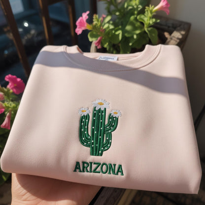 Arizona State Flower Embroidered Sweatshirt, Saguaro Cactus Floral Crewneck, Aesthetic Arizona Pride Gift, Minimalist Desert Nature Lover