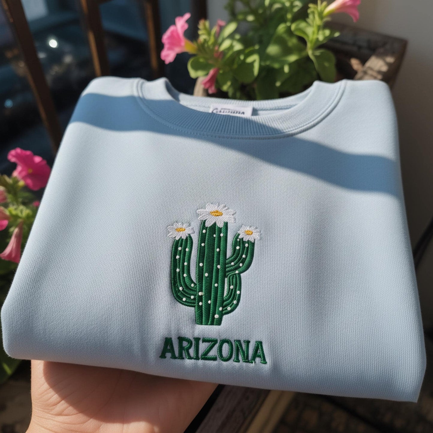 Arizona State Flower Embroidered Sweatshirt, Saguaro Cactus Floral Crewneck, Aesthetic Arizona Pride Gift, Minimalist Desert Nature Lover
