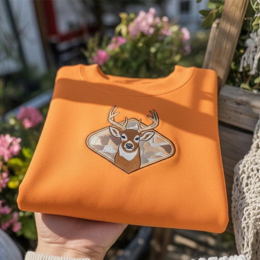 Sweatshirt Camo Deer Embroidered Sweatshirt, Hunting Couple Gift, Rustic Outdoor Crewneck