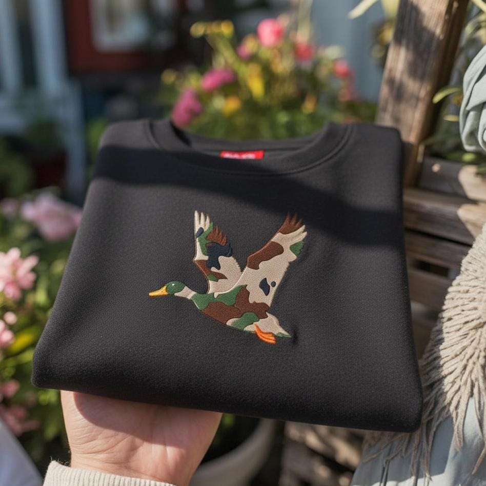 Sweatshirt Camo Duck Embroidered Sweatshirt, Hunting Couple Gift, Rustic Outdoor Crewneck