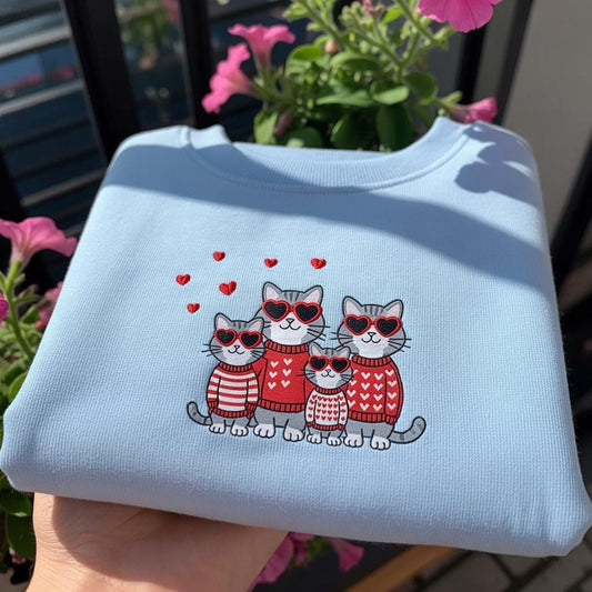 Valentine Cat Family Embroidered Sweatshirt, Cute Cats In Red Sweaters Crewneck, Heart Glasses Kitty Pullover,Aesthetic Cat Lover Gift Shirt