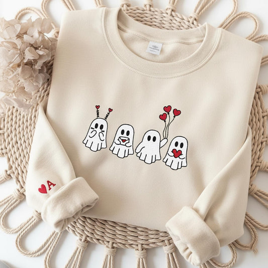 Valentine Ghost Family Embroidered Sweatshirt, Custom Initial Sleeve Heart Crewneck, Ghost Lover Gift, Personalized Spooky Love Shirt