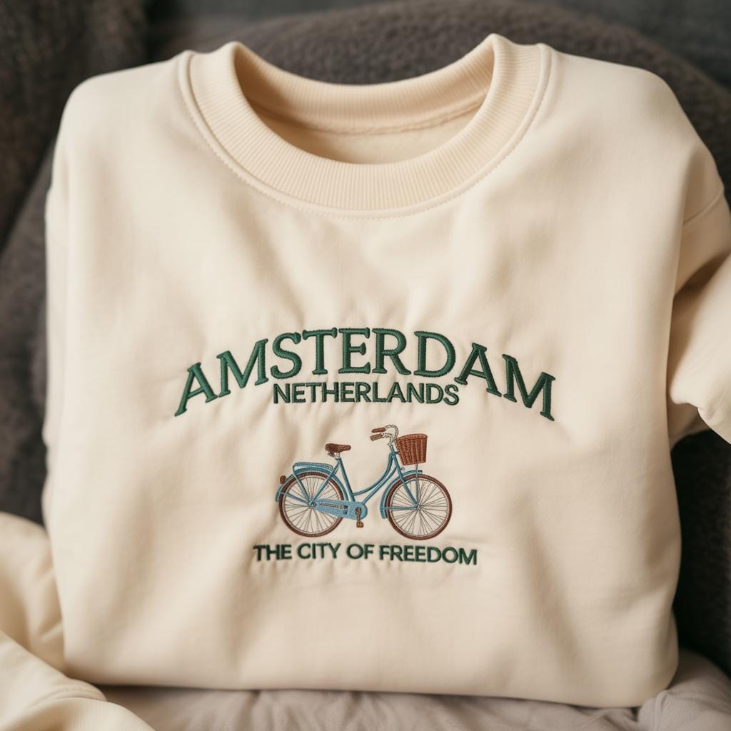 Amsterdam Netherlands Embroidered Shirt, City of Freedom Sweatshirt, Retro Bicycle Travel Gift, Minimalist European Vacation Crewneck Top
