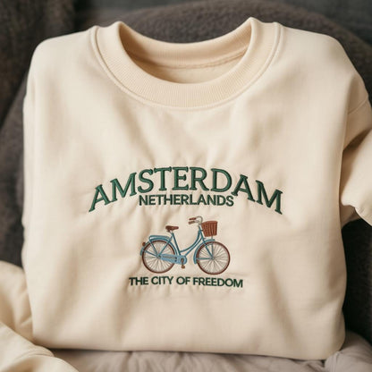Amsterdam Netherlands Embroidered Shirt, City of Freedom Sweatshirt, Retro Bicycle Travel Gift, Minimalist European Vacation Crewneck Top