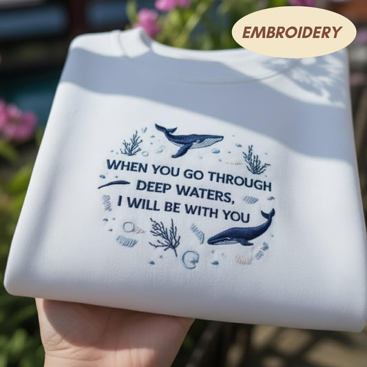 Embroidered When You Go Through Deep Waters Sweatshirt, Christian Whale Valentine Gift, Bible Verse Faith Crewneck, Scripture Love Sweater