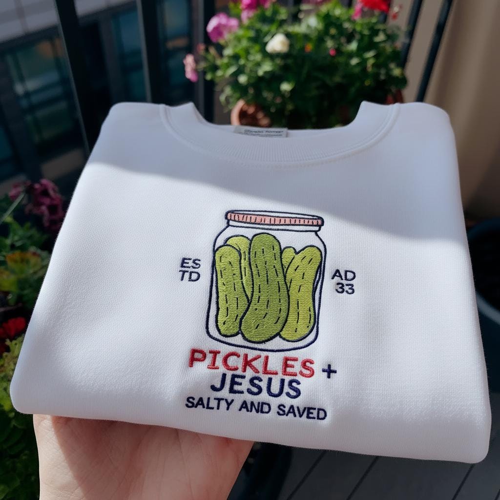 Embroidered Pickles and Jesus Christian Sweatshirt - Faith Crewneck, Black Gothic Text, Faith Shirt, Jesus Shirt, Religious Mom Shirt