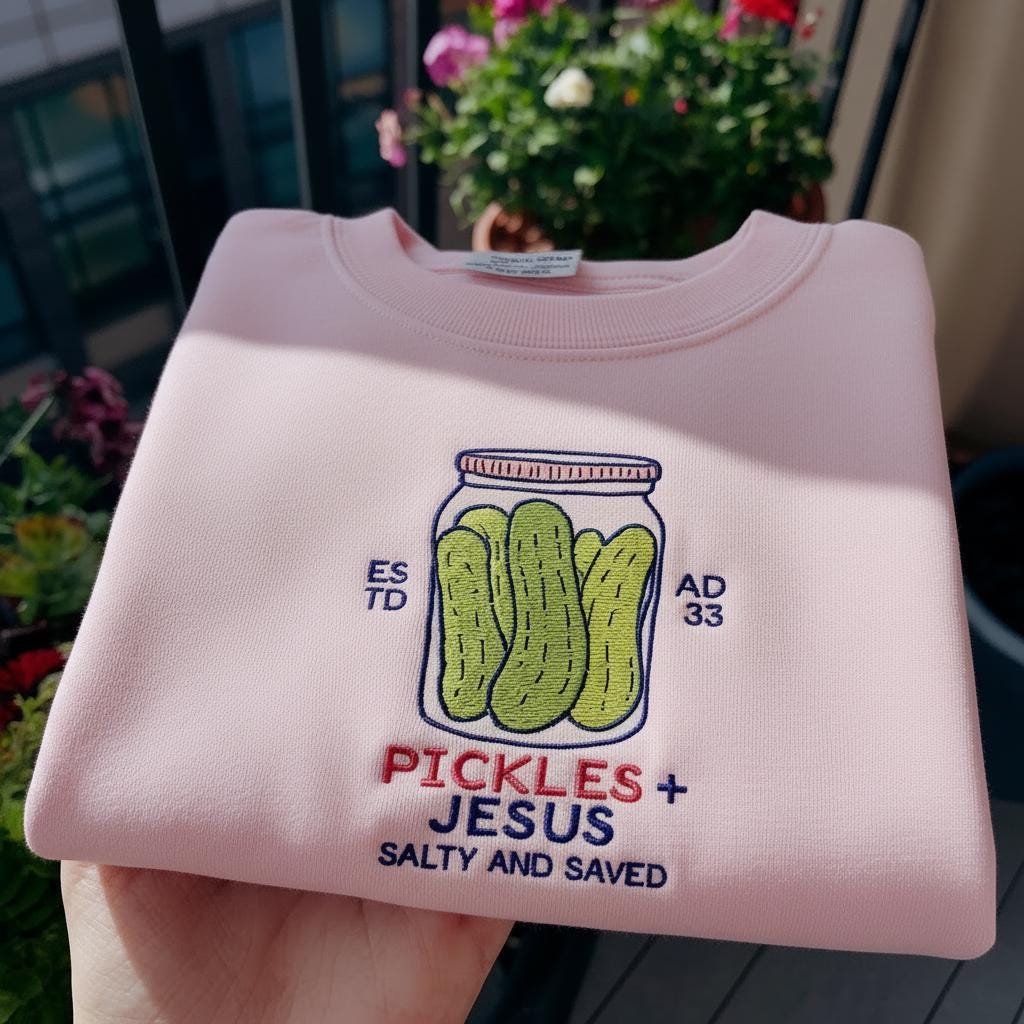 Embroidered Pickles and Jesus Christian Sweatshirt - Faith Crewneck, Black Gothic Text, Faith Shirt, Jesus Shirt, Religious Mom Shirt