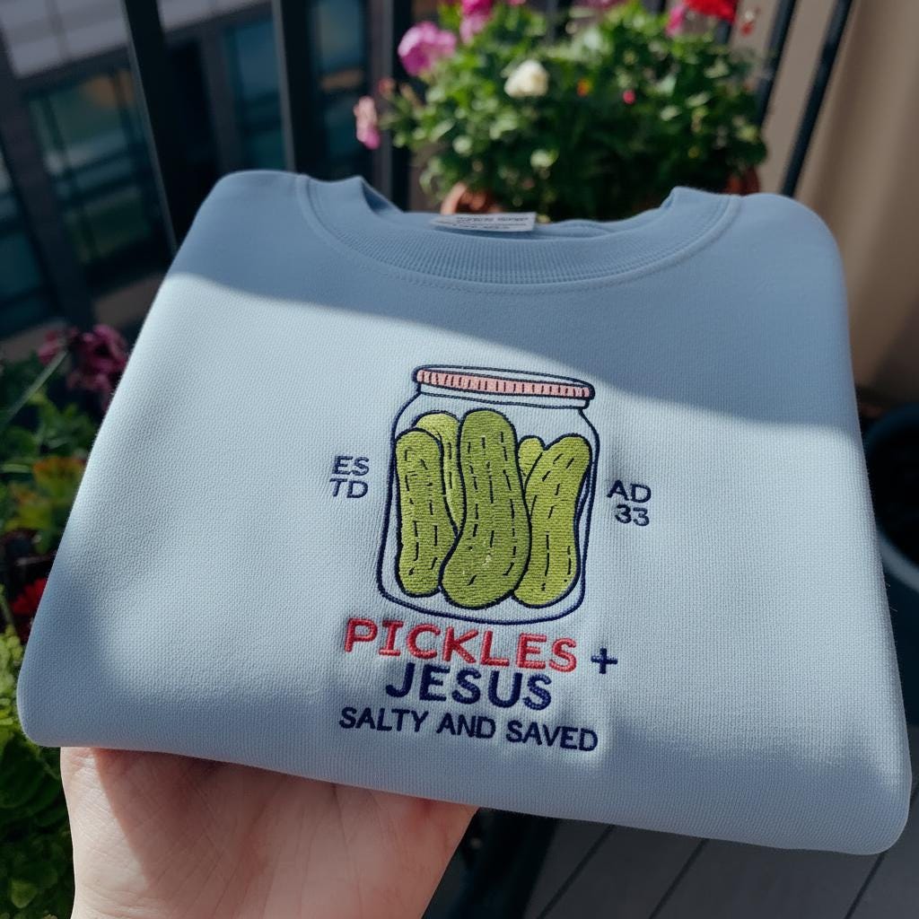 Embroidered Pickles and Jesus Christian Sweatshirt - Faith Crewneck, Black Gothic Text, Faith Shirt, Jesus Shirt, Religious Mom Shirt