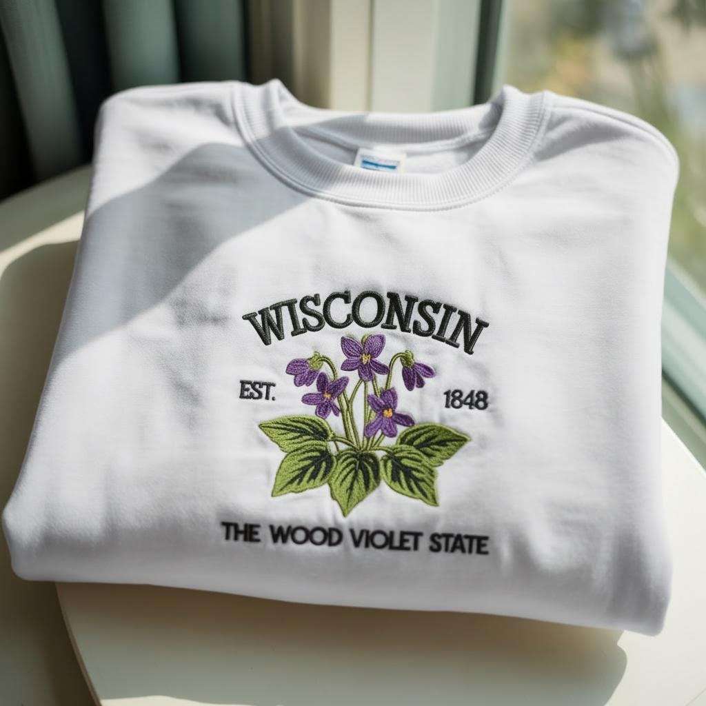 Wisconsin Embroidered Sweatshirt, The Wood Violet State Pride Gift, Floral Nature Botanical Crewneck, Midwest Home Souvenir, State Shirt