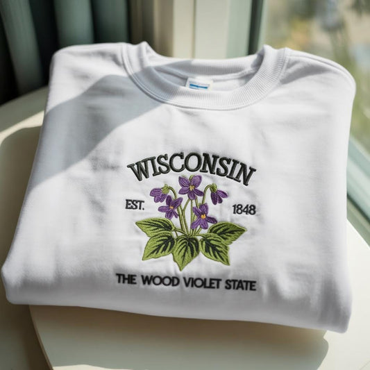 Wisconsin Embroidered Sweatshirt, The Wood Violet State Pride Gift, Floral Nature Botanical Crewneck, Midwest Home Souvenir, State Shirt