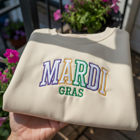 Mardi Gras Retro Embroidered Sweatshirt, Colorful Varsity Lettering Crewneck, Aesthetic New Orleans Carnival Pullover, Fat Tuesday Shirt
