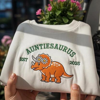 Auntie Saurus Embroidered Sweatshirt, Dinosaur Mom Gift, Auntie Saurus Dinosaur Sweatshirt, Custom Mom EST, Funny Mama Shirt