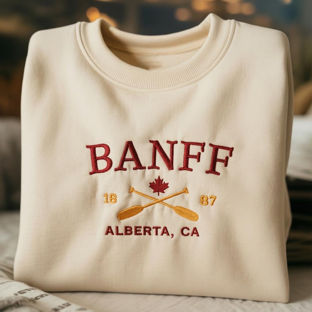 Banff Alberta Canada Embroidered Sweatshirt, Nature Lake Canoe Gift, Outdoor Adventure Crewneck, Banff National Park Souvenir, Forest Shirt