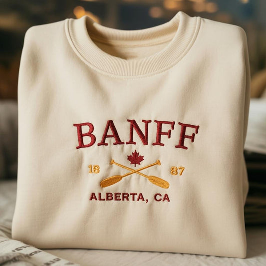 Banff Alberta Canada Embroidered Sweatshirt, Nature Lake Canoe Gift, Outdoor Adventure Crewneck, Banff National Park Souvenir, Forest Shirt