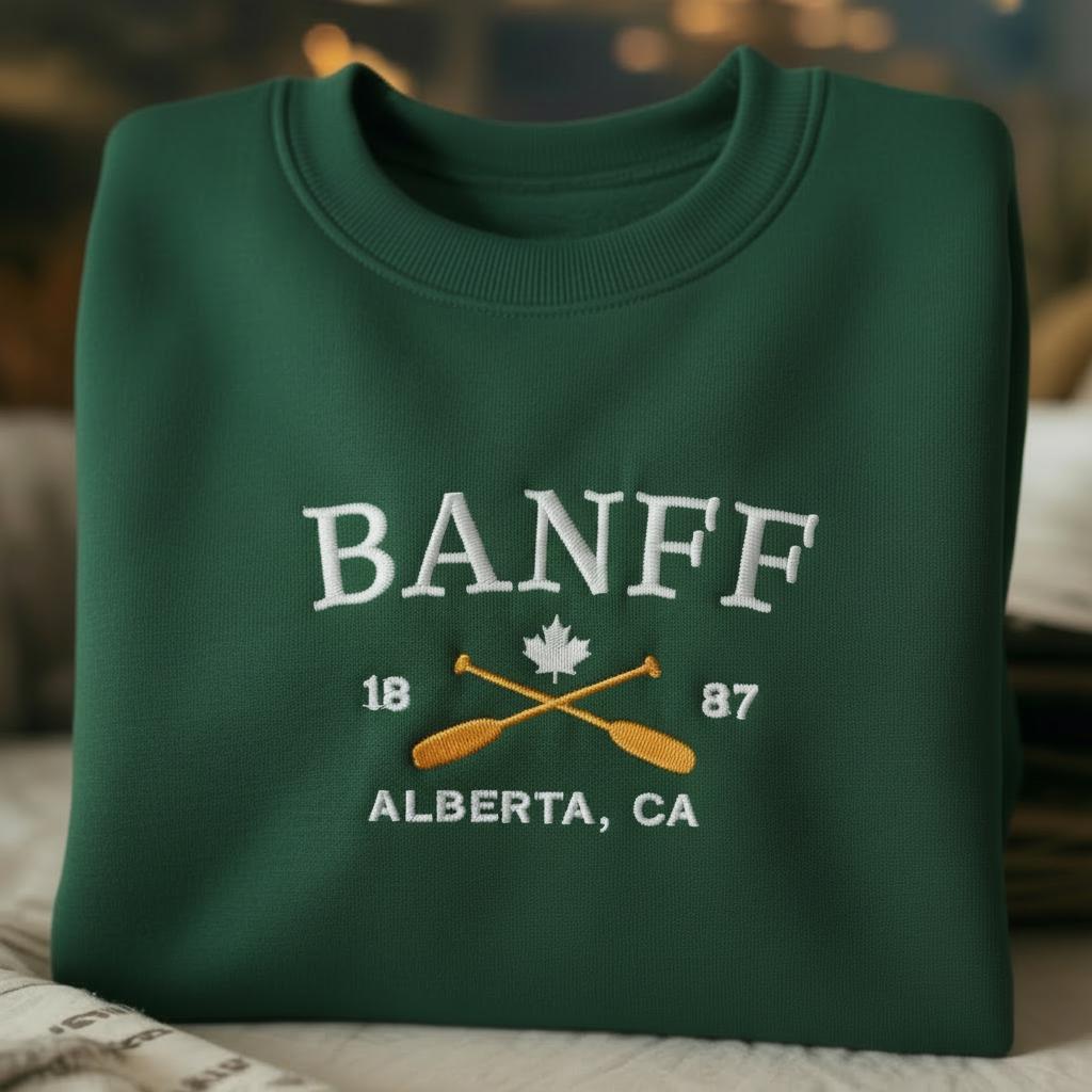 Banff Alberta Canada Embroidered Sweatshirt, Nature Lake Canoe Gift, Outdoor Adventure Crewneck, Banff National Park Souvenir, Forest Shirt
