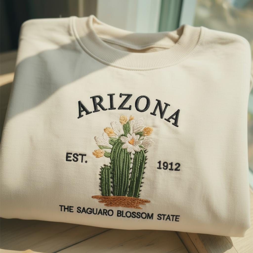 Arizona Embroidered Sweatshirt, The Saguaro Blossom State Crewneck, Arizona Flower Gift Idea, Cactus Floral Sweater, Minimalist State Pride