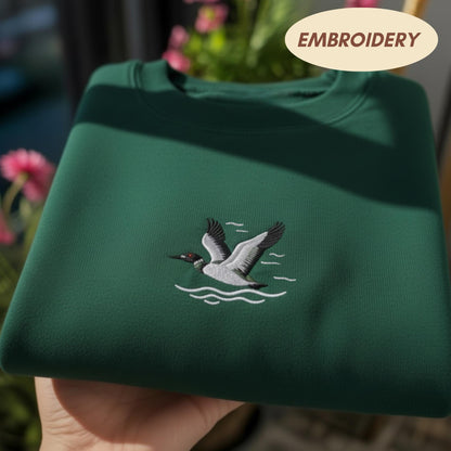 Loon Bird Embroidered Sweatshirt, Common Loon Nature Crewneck, Bird Watching Gift Idea, Wildlife Embroidery Sweater, Minimalist Animal
