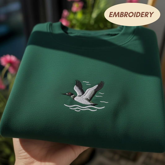 Loon Bird Embroidered Sweatshirt, Common Loon Nature Crewneck, Bird Watching Gift Idea, Wildlife Embroidery Sweater, Minimalist Animal