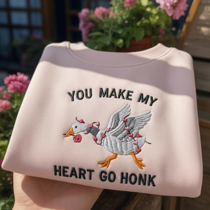 You Make My Heart Go Honk Embroidered Sweatshirt, Funny Goose Valentine's Day Crewneck, Silly Goose Gift for Her, Cute Animal Jumper