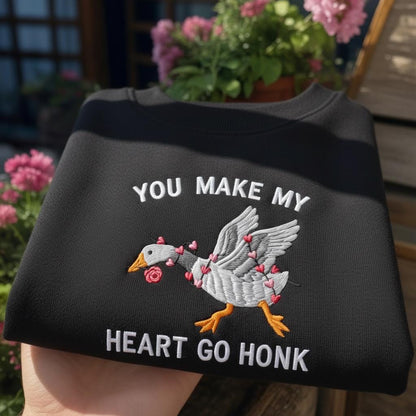 You Make My Heart Go Honk Embroidered Sweatshirt, Funny Goose Valentine's Day Crewneck, Silly Goose Gift for Her, Cute Animal Jumper