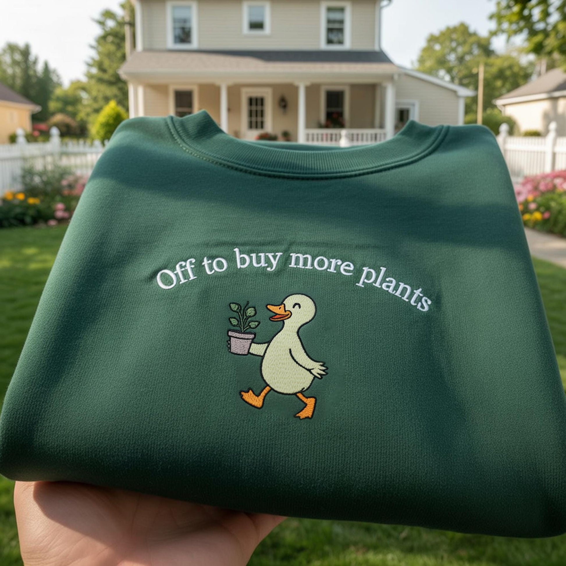 Off to Buy More Plants Embroidered Sweatshirt, Funny Goose Plant Lover Gift, Aesthetic Gardening Crewneck, Crazy Plant Lady Jumper