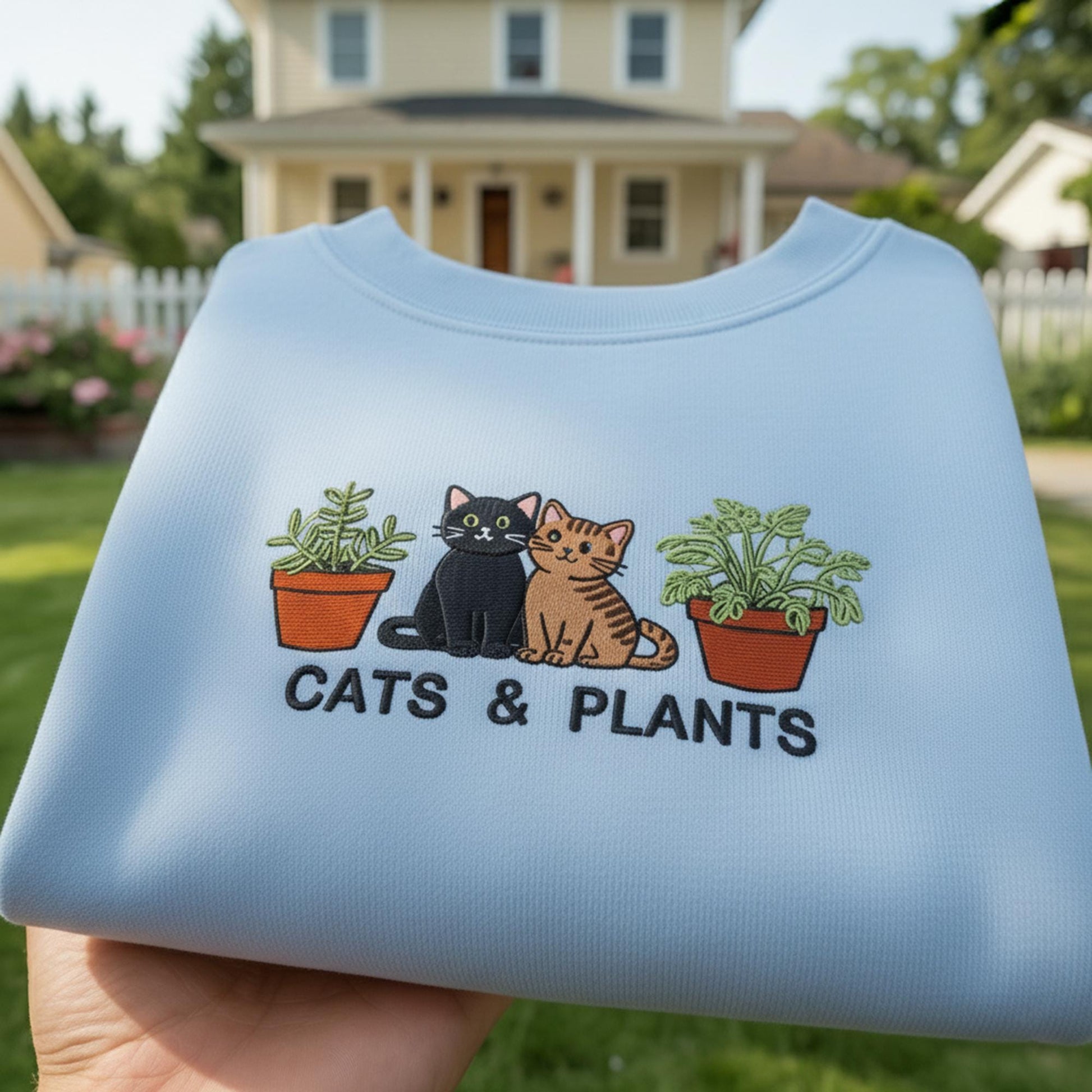 Cats and Plants Embroidered Sweatshirt, Funny Cat Mom Gift, Aesthetic Houseplant Crewneck, Crazy Plant Lady Jumper,Tabby and Black Cat Shirt