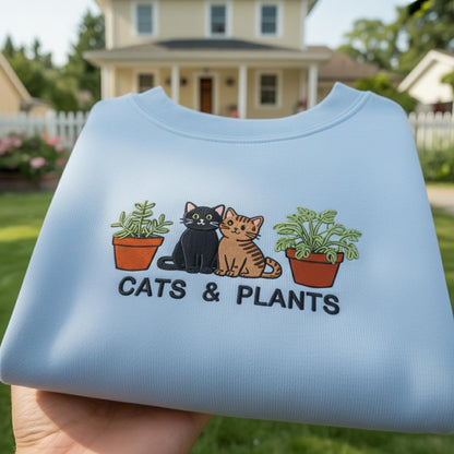 Cats and Plants Embroidered Sweatshirt, Funny Cat Mom Gift, Aesthetic Houseplant Crewneck, Crazy Plant Lady Jumper,Tabby and Black Cat Shirt