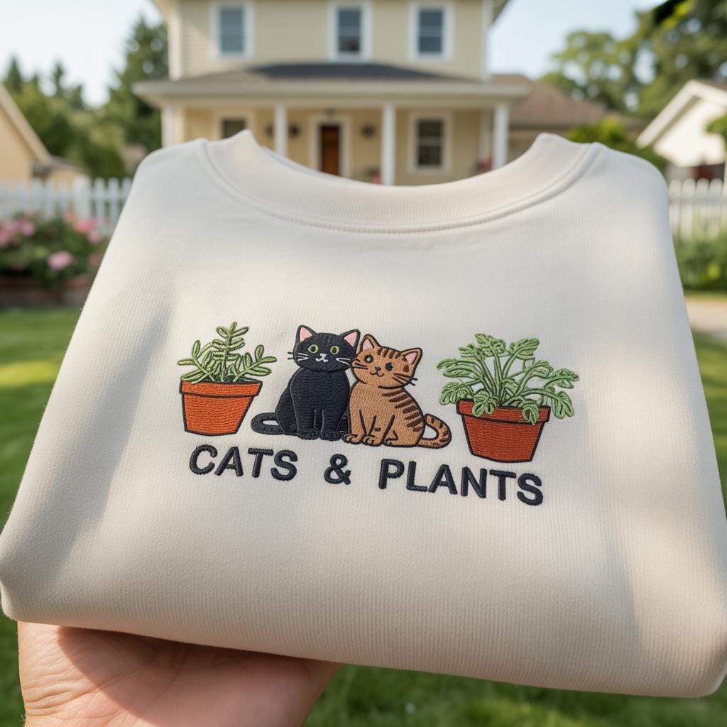 Cats and Plants Embroidered Sweatshirt, Funny Cat Mom Gift, Aesthetic Houseplant Crewneck, Crazy Plant Lady Jumper,Tabby and Black Cat Shirt