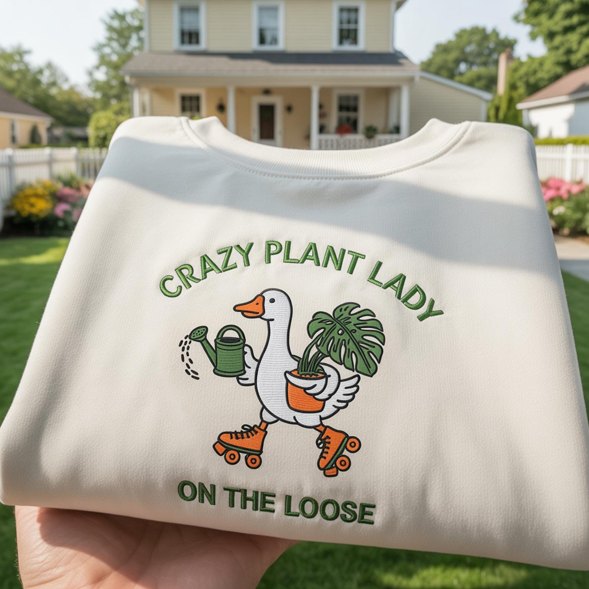 Crazy Plant Lady on the Loose Embroidered Sweatshirt, Funny Goose Roller Skating Crewneck, Plant Lover Gift, Aesthetic Gardening Jumper