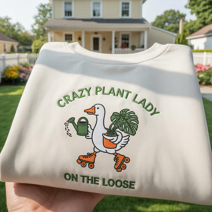 Crazy Plant Lady on the Loose Embroidered Sweatshirt, Funny Goose Roller Skating Crewneck, Plant Lover Gift, Aesthetic Gardening Jumper