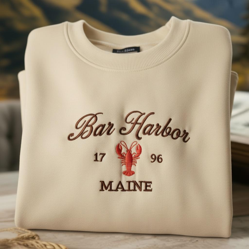 Bar Harbor Maine Embroidered Sweatshirt, Lobster Coastal Crewneck, Maine Souvenir Gift, Vintage Nautical Sweater, Acadia Vacation Top Gift