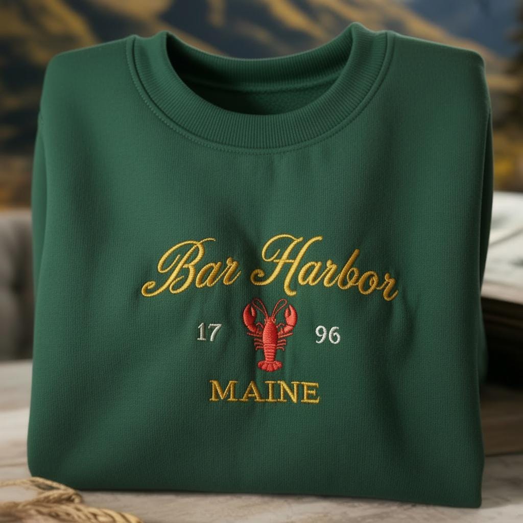 Bar Harbor Maine Embroidered Sweatshirt, Lobster Coastal Crewneck, Maine Souvenir Gift, Vintage Nautical Sweater, Acadia Vacation Top Gift