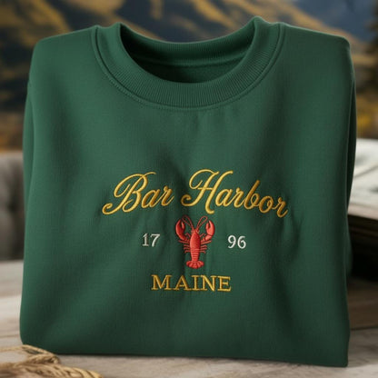 Bar Harbor Maine Embroidered Sweatshirt, Lobster Coastal Crewneck, Maine Souvenir Gift, Vintage Nautical Sweater, Acadia Vacation Top Gift