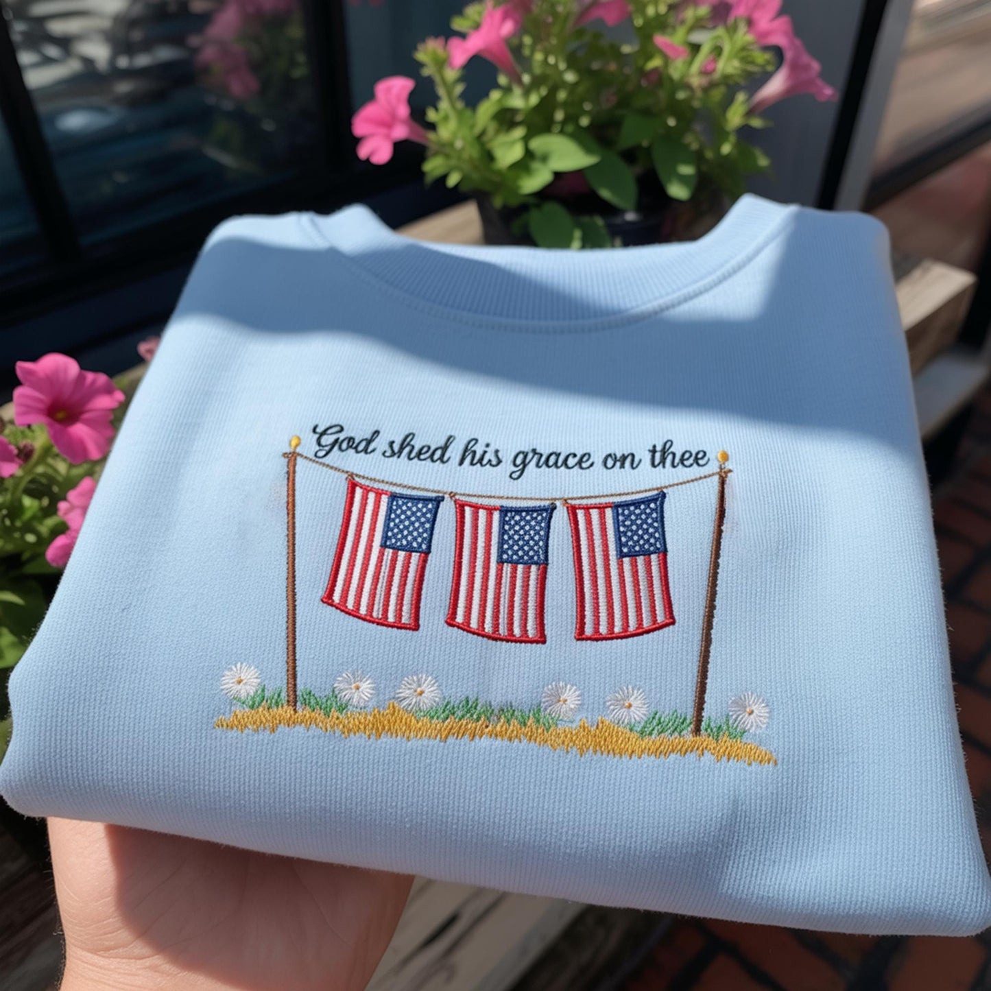 God Shed His Grace On Thee Embroidered Sweatshirt, Patriotic American Flag Crewneck, Aesthetic Christian Faith Gift, Fourth of July Pullover